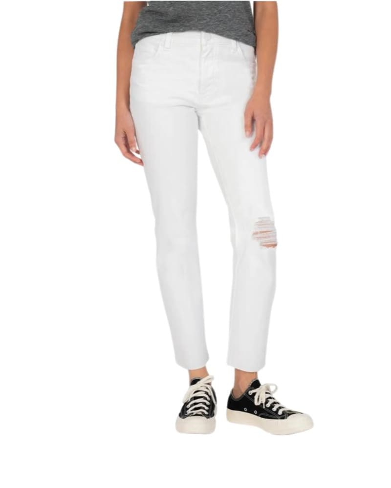 Front of a model wearing a size 10 Reese High Rise Fab Ab Jean In Optic White in Optic White by Kut From The Kloth. | dia_product_style_image_id:360640